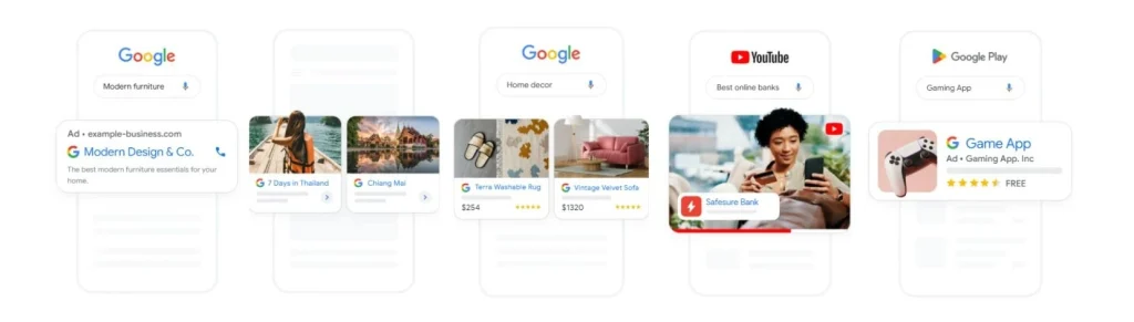 Types of Google Ads Sample screenshots of different Google ad types to demonstrate the variety available for Google ad service.
