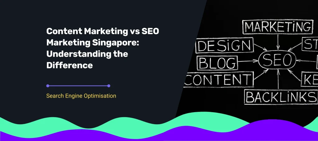 Visual of SEO marketing concepts like backlinks, blog, and content drawn on a blackboard, illustrating how SEO marketing Singapore integrates multiple strategies.