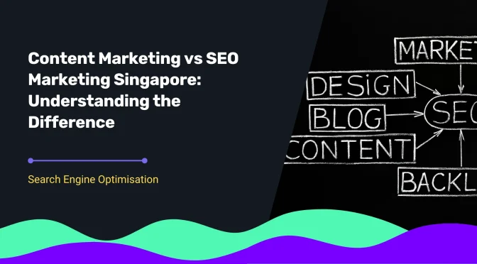 Visual of SEO marketing concepts like backlinks, blog, and content drawn on a blackboard, illustrating how SEO marketing Singapore integrates multiple strategies.