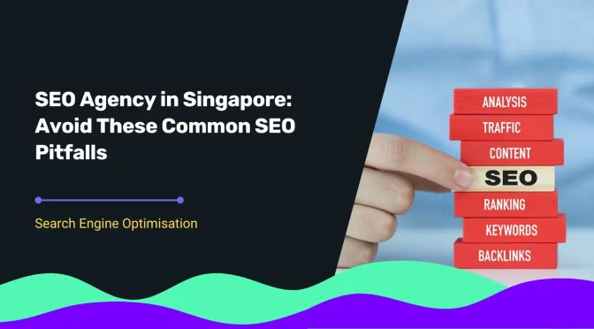 SEO Agency Singapore services represented by stacked red blocks labeled analysis, traffic, content, and SEO representing core ranking factors.