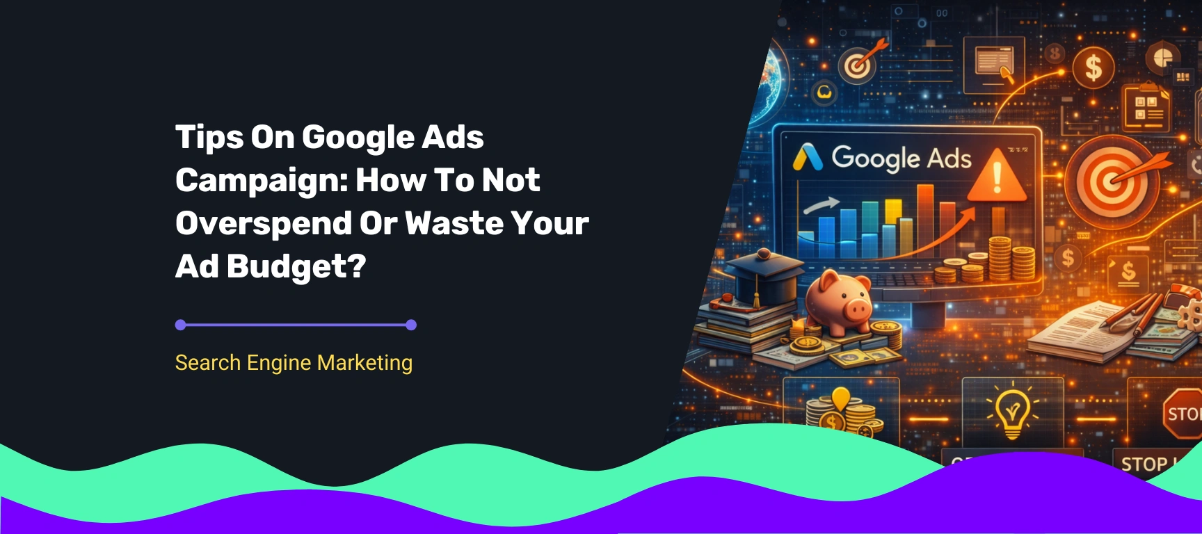 Google Ads campaign illustration showing budget optimisation, performance tracking, and strategies to avoid overspending on ads.