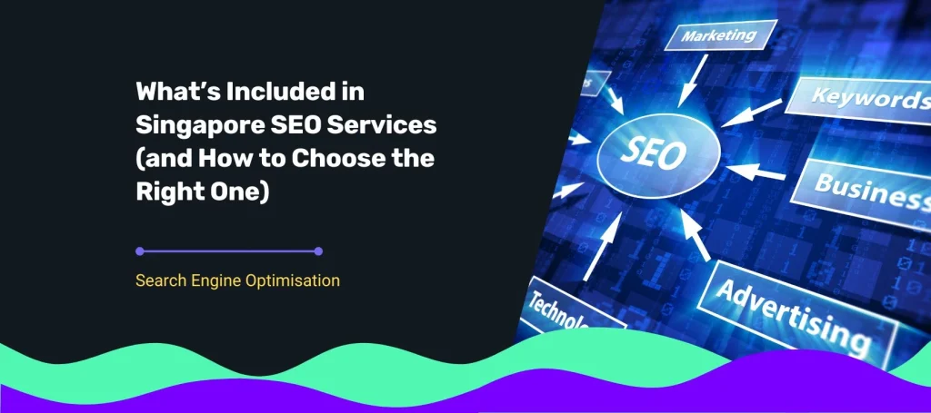 SEO services concept image showing arrows pointing to elements like marketing, keywords, business, and advertising on a digital blue background.