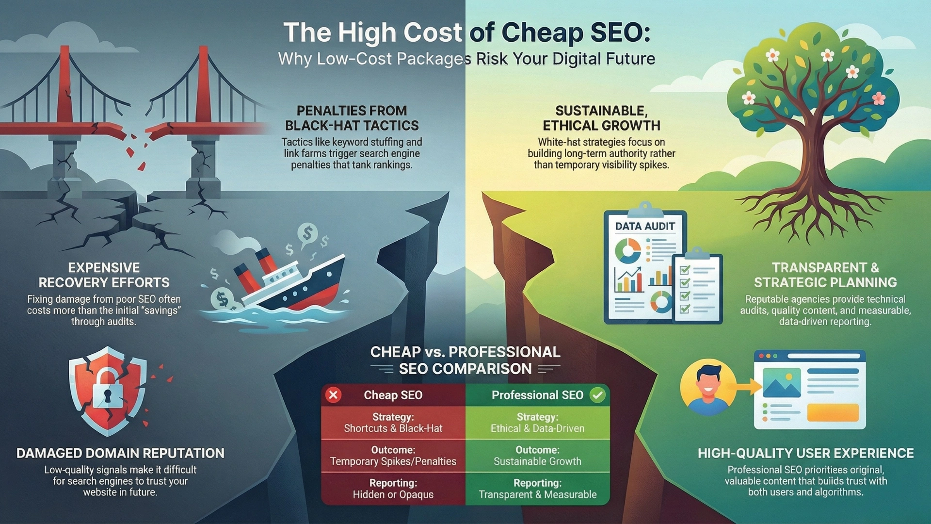 SEO services infographic comparing cheap vs professional SEO, highlighting risks of black-hat tactics and benefits of sustainable, data-driven strategies.