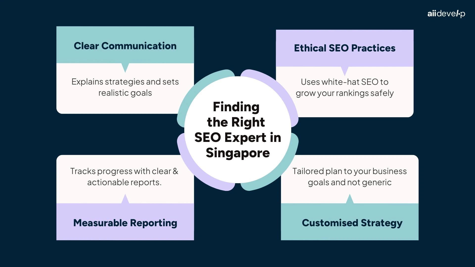 Infographic on the four criteria of a good SEO Expert in Singapore 