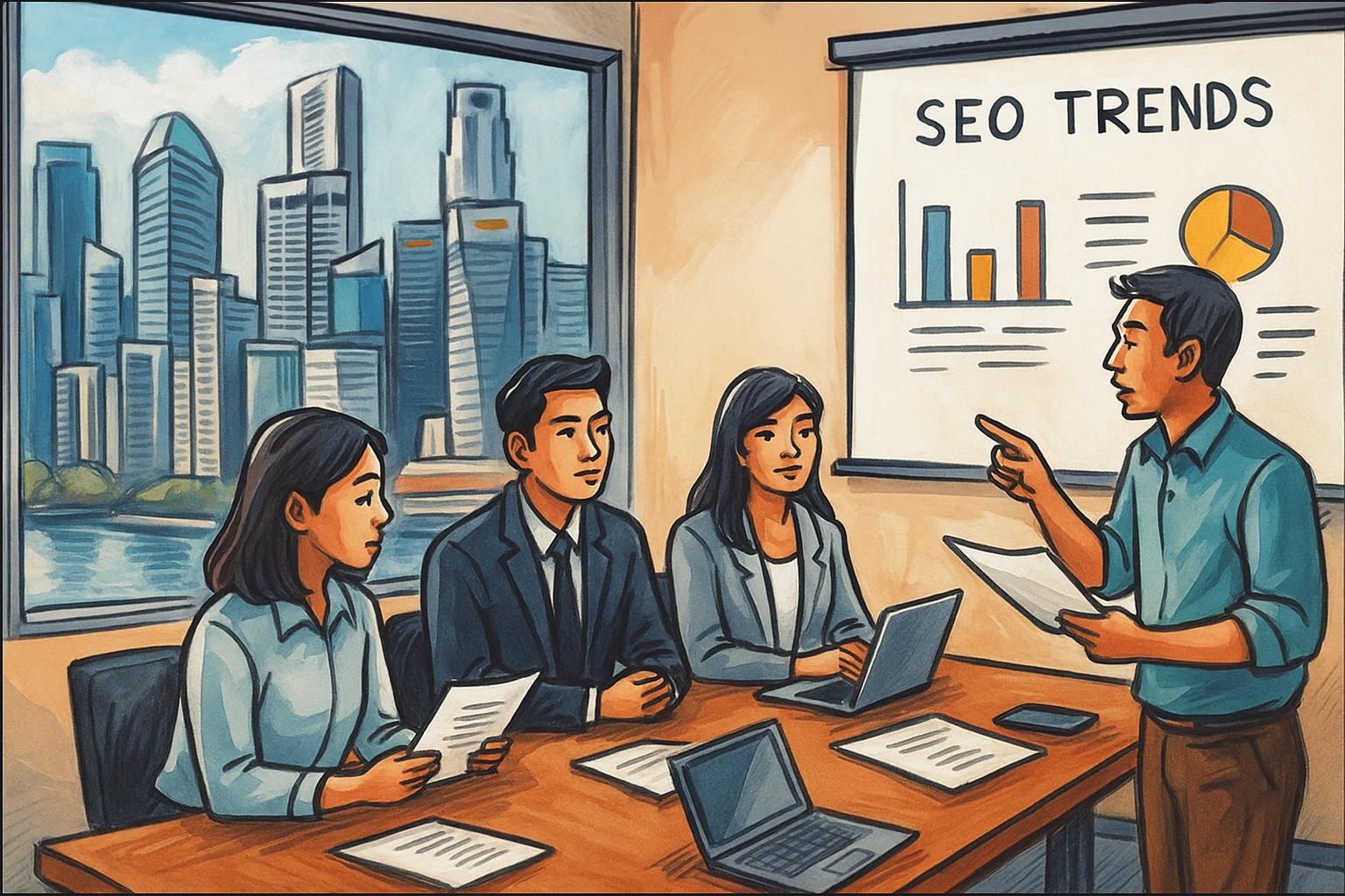 Meeting SEO Agency Singapore This image is to showcase the environment of working in an SEO Agency Singapore. A group of professional in a meeting room to discuss on SEO trends and results. A presentation is shown with the view of the city outside.