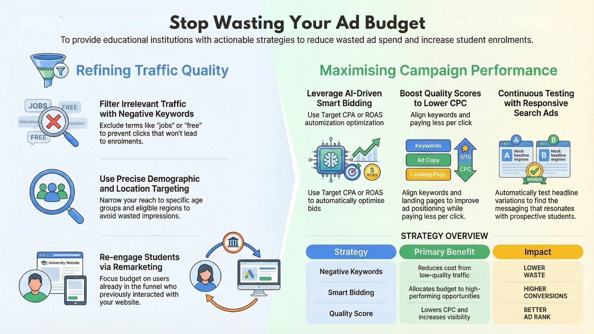 Google Ads campaign infographic showing strategies to reduce wasted ad spend, improve targeting, optimise bidding, and increase conversions.