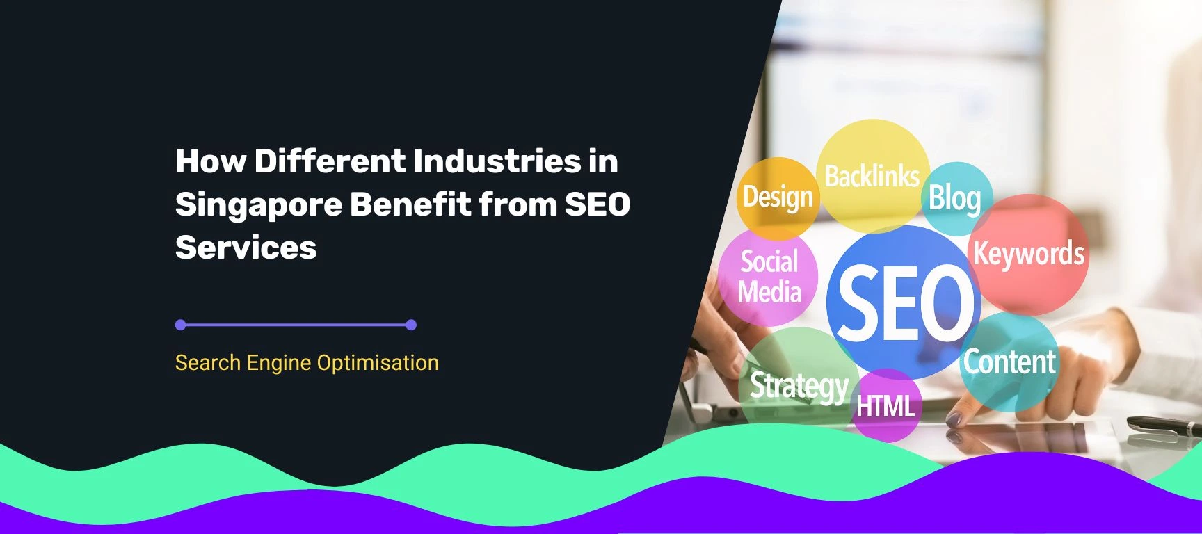 Banner image for a blog about how industries in Singapore benefit from SEO services, featuring SEO-related icons like design, backlinks, keywords, and strategy.