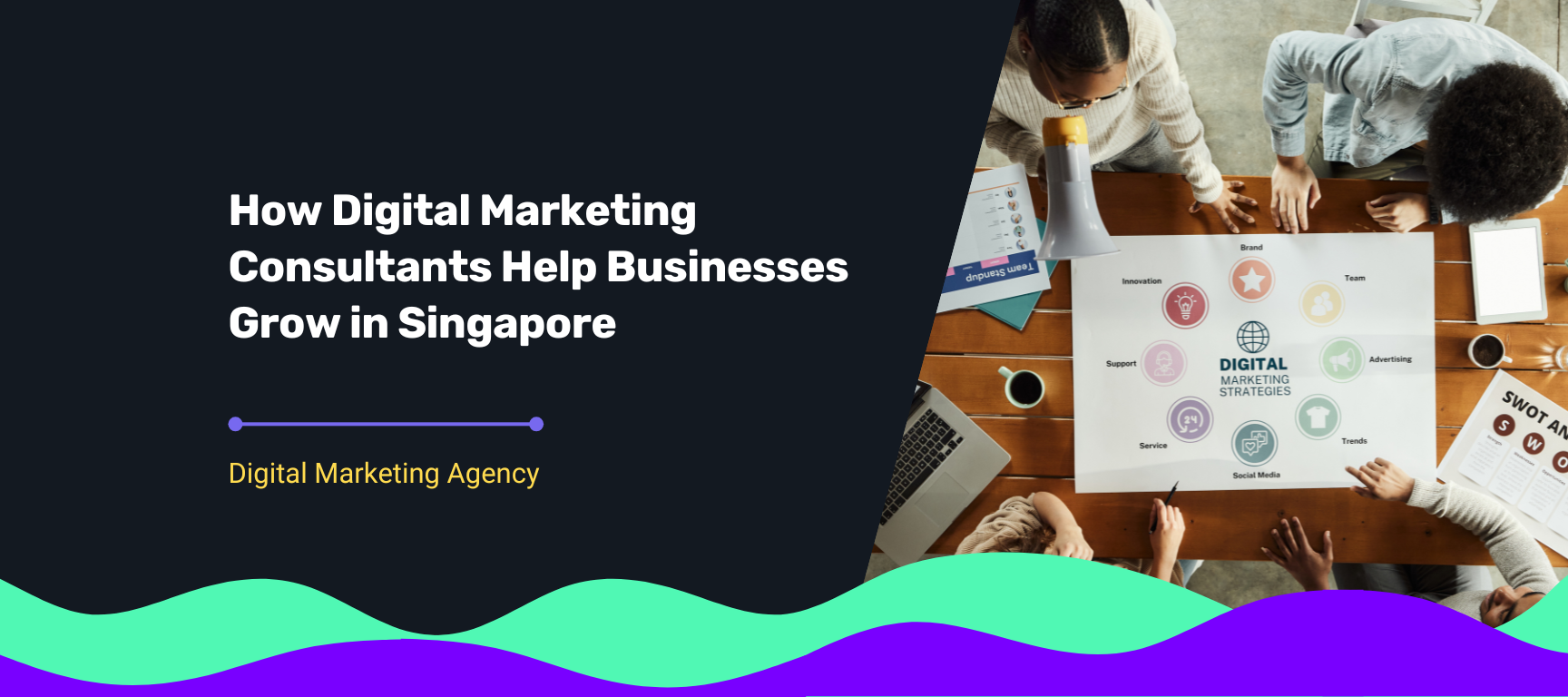 A banner image showing a digital marketing consultant team discussing strategies, used for an article on how digital marketing consultants help businesses grow in Singapore.