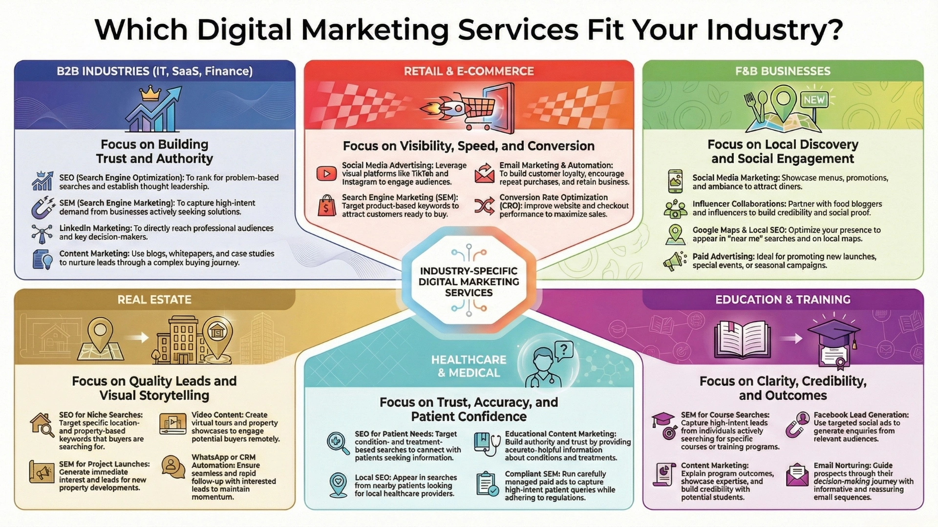 Visual guide explaining how to choose digital marketing services based on different industries, highlighting SEO, content, advertising, and branding needs.