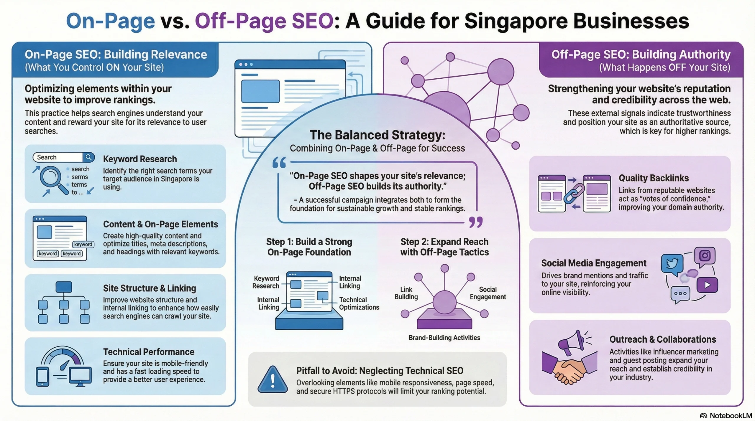 Infographic explaining on-page vs off-page SEO for Singapore businesses, showing how an SEO expert in Singapore improves rankings through keyword research, content optimisation, backlinks, social engagement, and technical SEO.