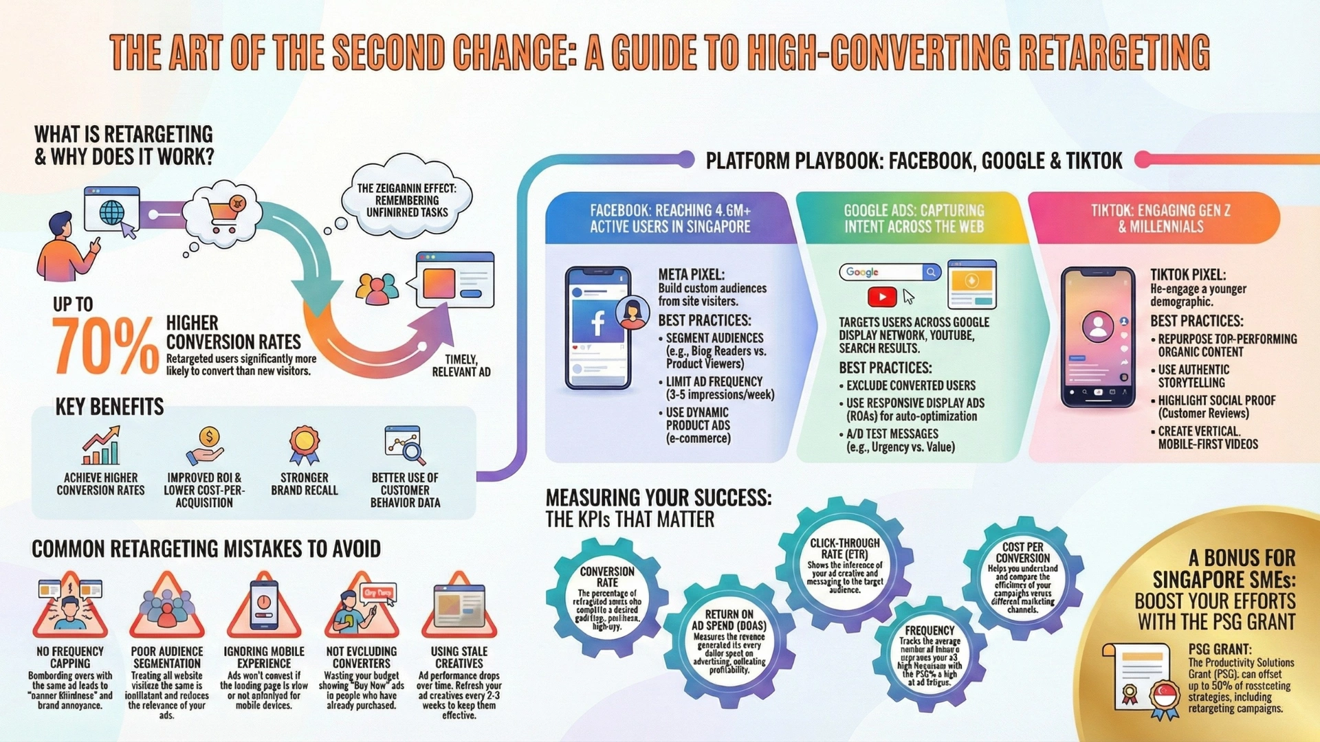 Infographic explaining digital marketing strategies for high-converting retargeting, including Facebook, Google, and TikTok retargeting tactics, common mistakes, KPIs, and conversion optimisation for Singapore businesses.