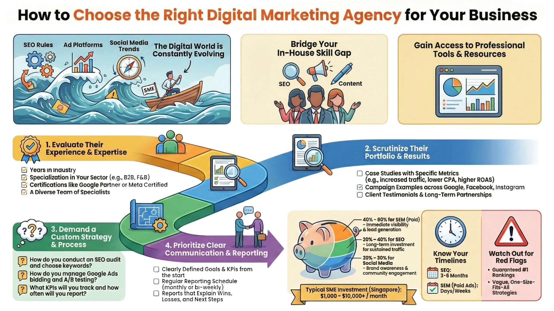 Infographic explaining how to choose the right digital marketing agency, covering expertise, portfolio review, custom strategy, reporting, timelines, and red flags.