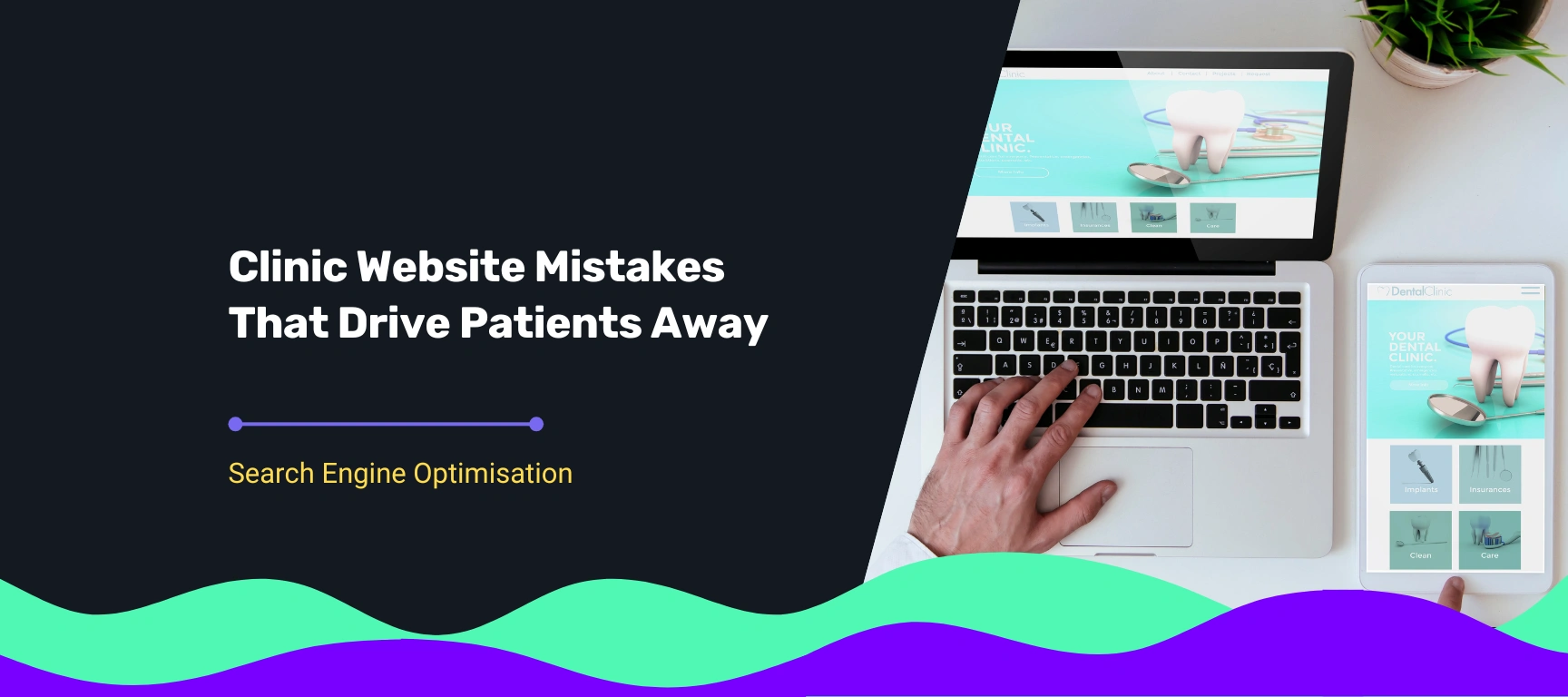 Blog post cover for 'Clinic Website Mistakes That Drive Patients Away" using illustration of a clinick website.