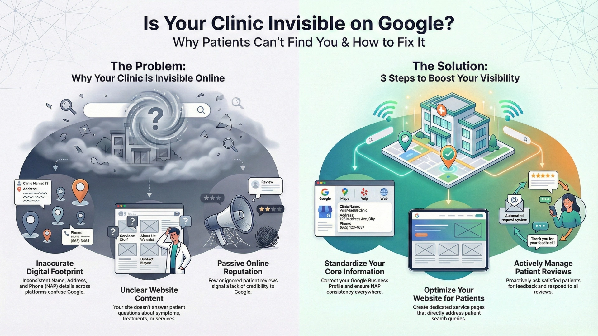 Visual guide explaining why your clinic isn't ranking on Google Search Results, highlighting the problem and the possible solution.