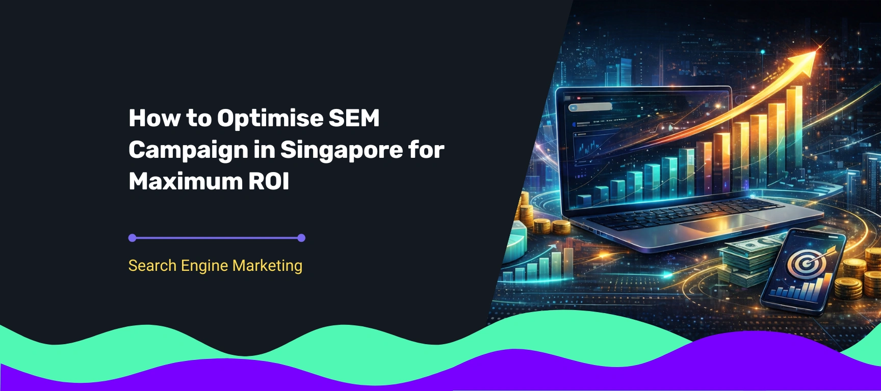 Visual representation of an SEM campaign in Singapore, featuring digital performance charts, rising ROI indicators, and search engine marketing analytics displayed on a laptop.