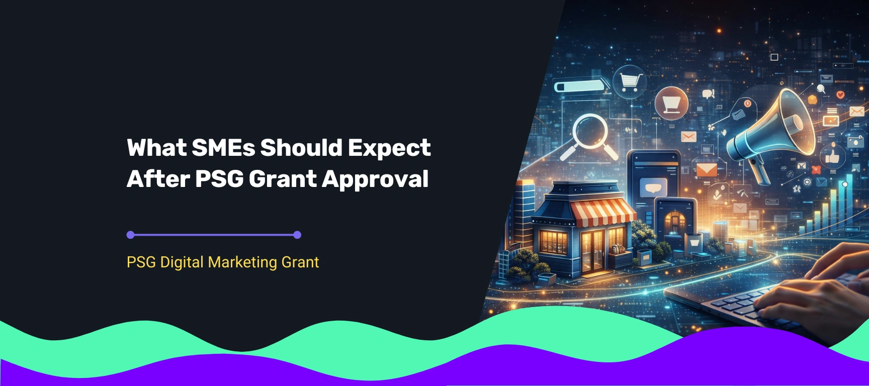 PSG Digital Marketing Grant illustration showing SMEs promoting their business through futuristic digital marketing tools, online platforms, and data-driven growth strategies.