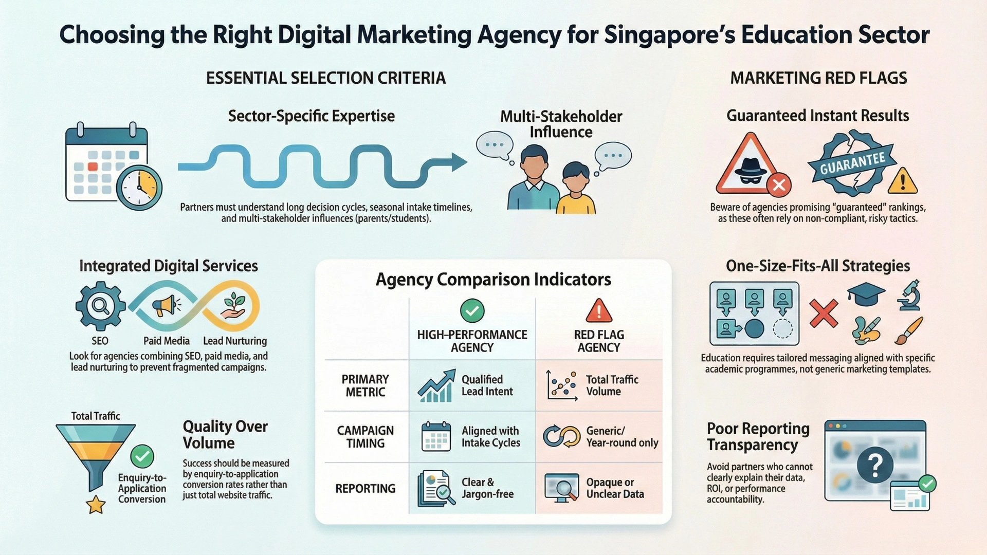 Infographic showing how to choose the right digital marketing agency for Singapore’s education sector, including selection criteria, red flags, and performance indicators.