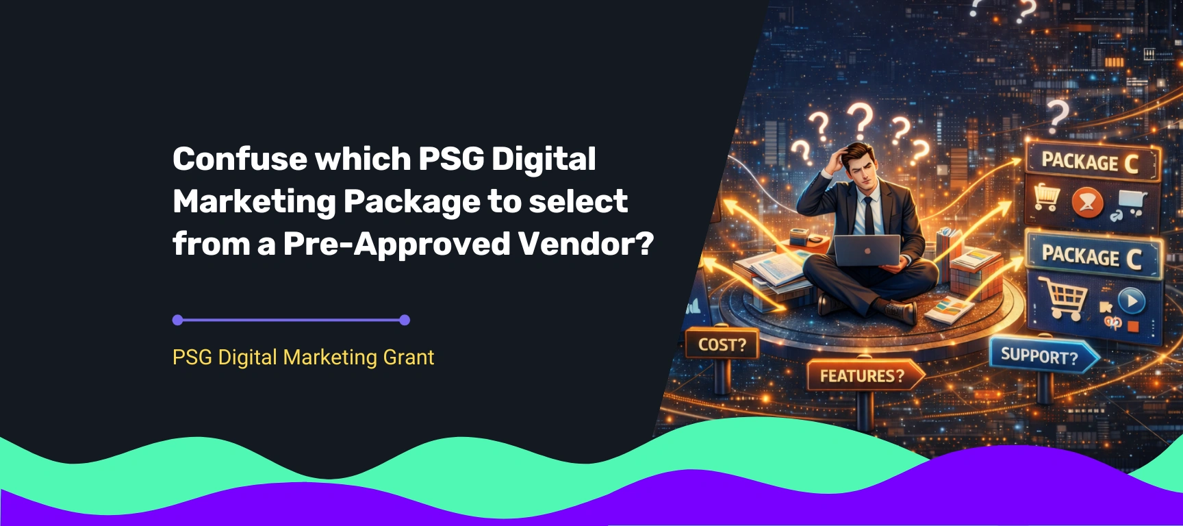 Illustration of a business owner comparing PSG Digital Marketing packages under the PSG Digital Marketing Grant.