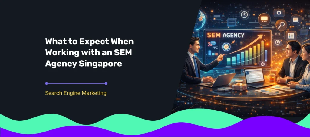Illustration of a SEM agency Singapore presenting campaign growth, PPC performance, and digital marketing strategy to clients.
