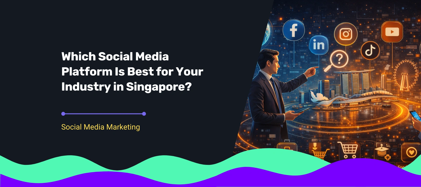 Business professional analysing social media platform options in Singapore, including LinkedIn, TikTok, and Instagram for industry marketing strategy.