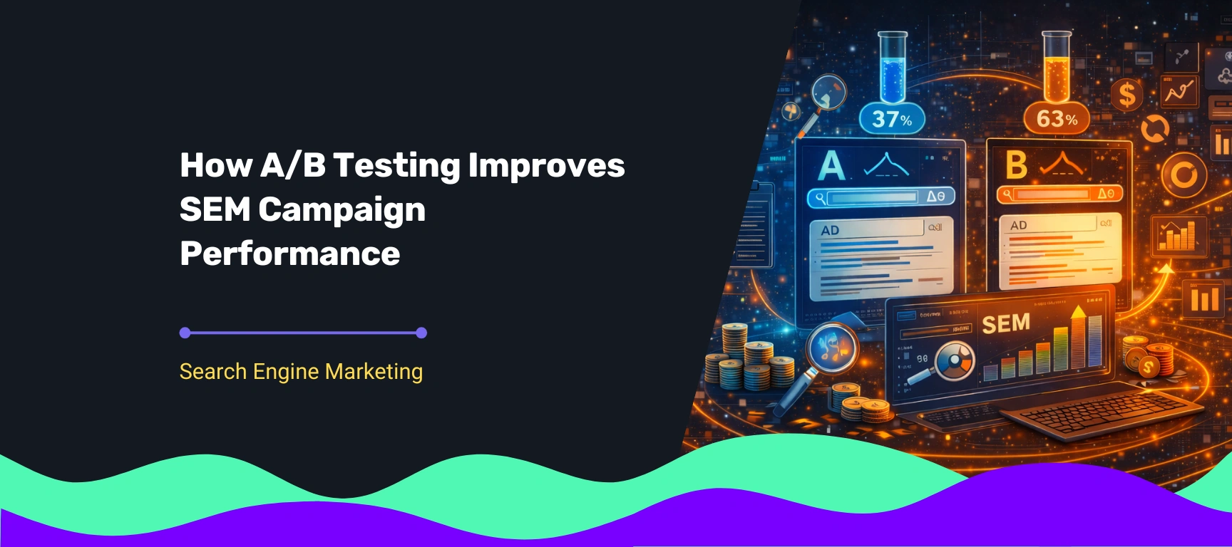 A/B testing visual comparing variations to improve SEM campaign performance and SEM services results with data-driven optimisation