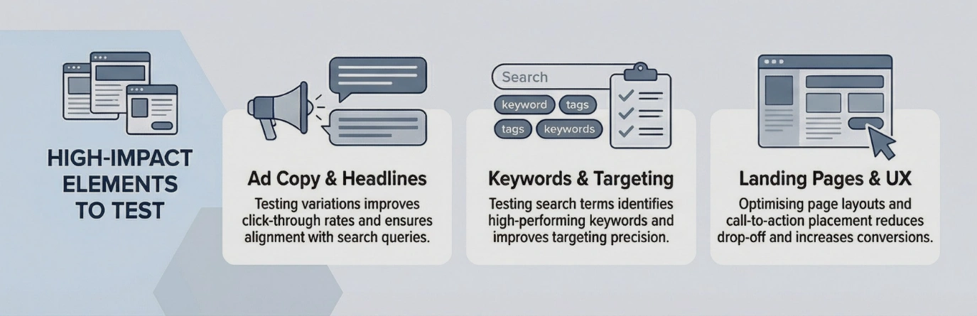 A/B Testing elements in SEM campaign and SEM services to test for campaign improvement including ad copy, keywords targeting, and landing page optimisation for improved performance