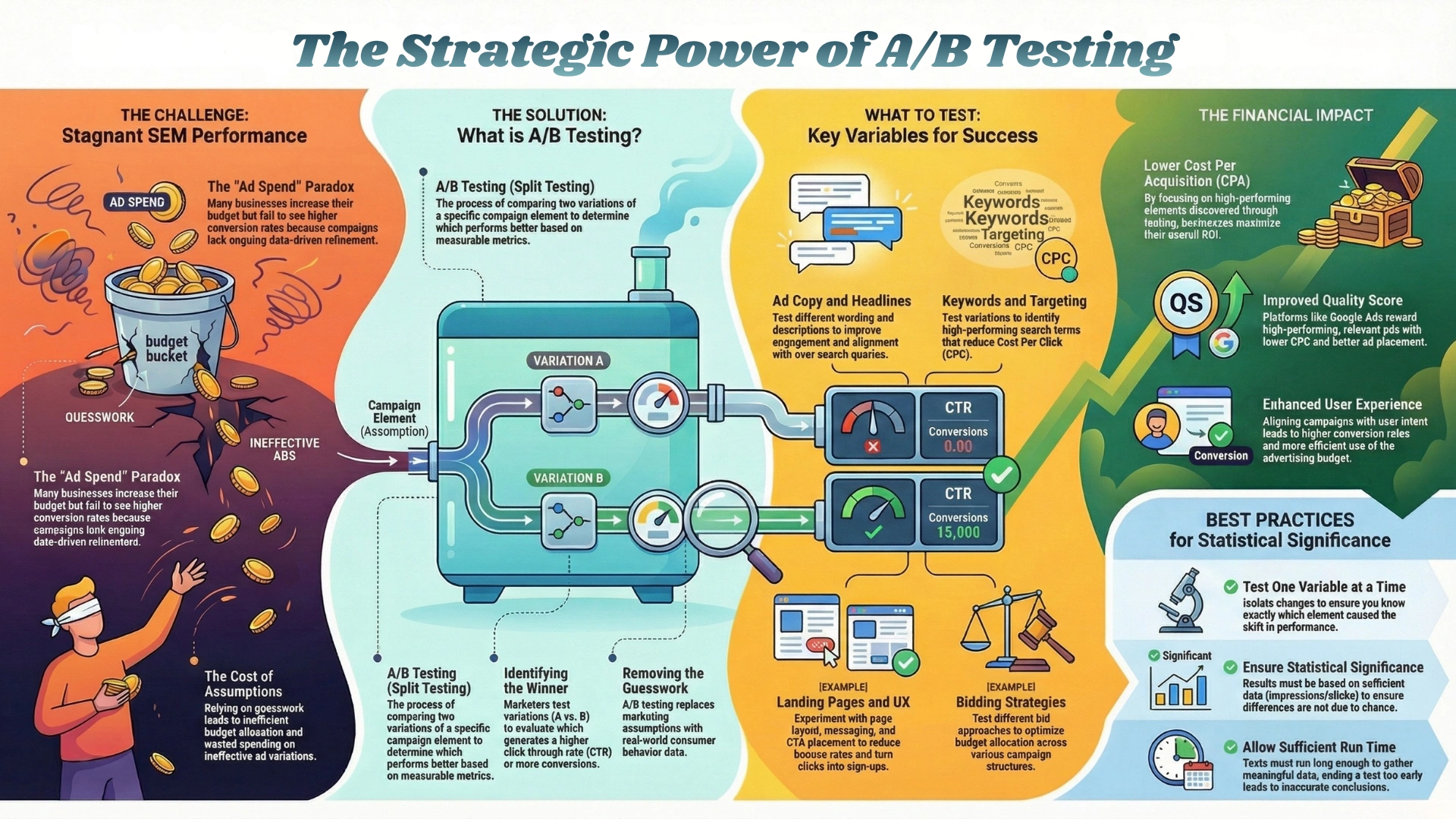 Infographic showing how A/B testing enhances SEM campaign and SEM services through keyword testing, ad copy optimisation, and improved conversion performance