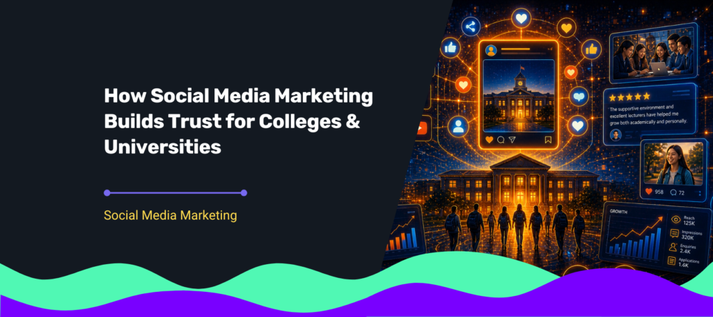 Social media marketing visual showing how colleges and universities build trust through digital engagement and student interaction