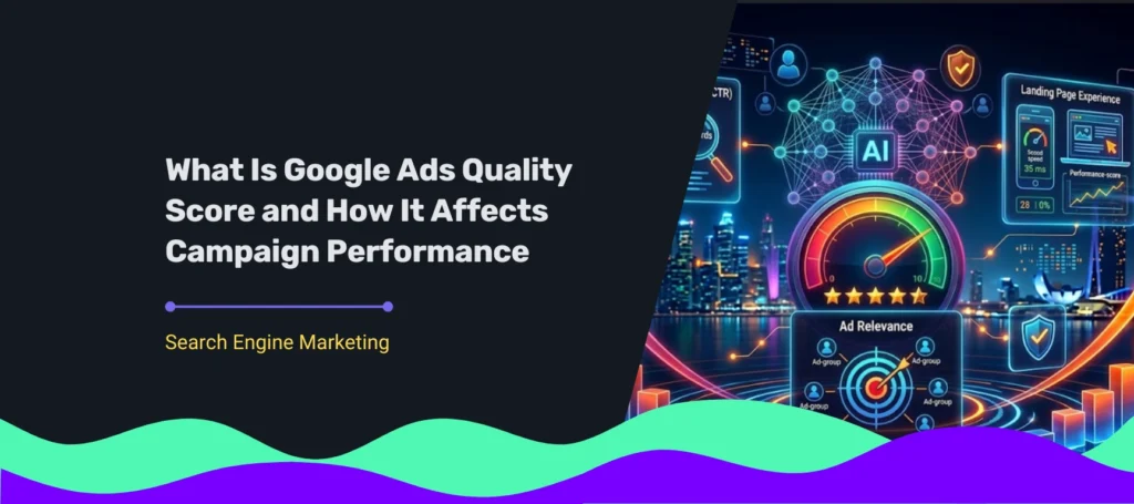 A website banner featuring the title "What Is Google Ads Quality Score and How It Affects Campaign Performance" alongside a dark, neon infographic illustration of a dashboard meter, growth charts, and the Singapore skyline.