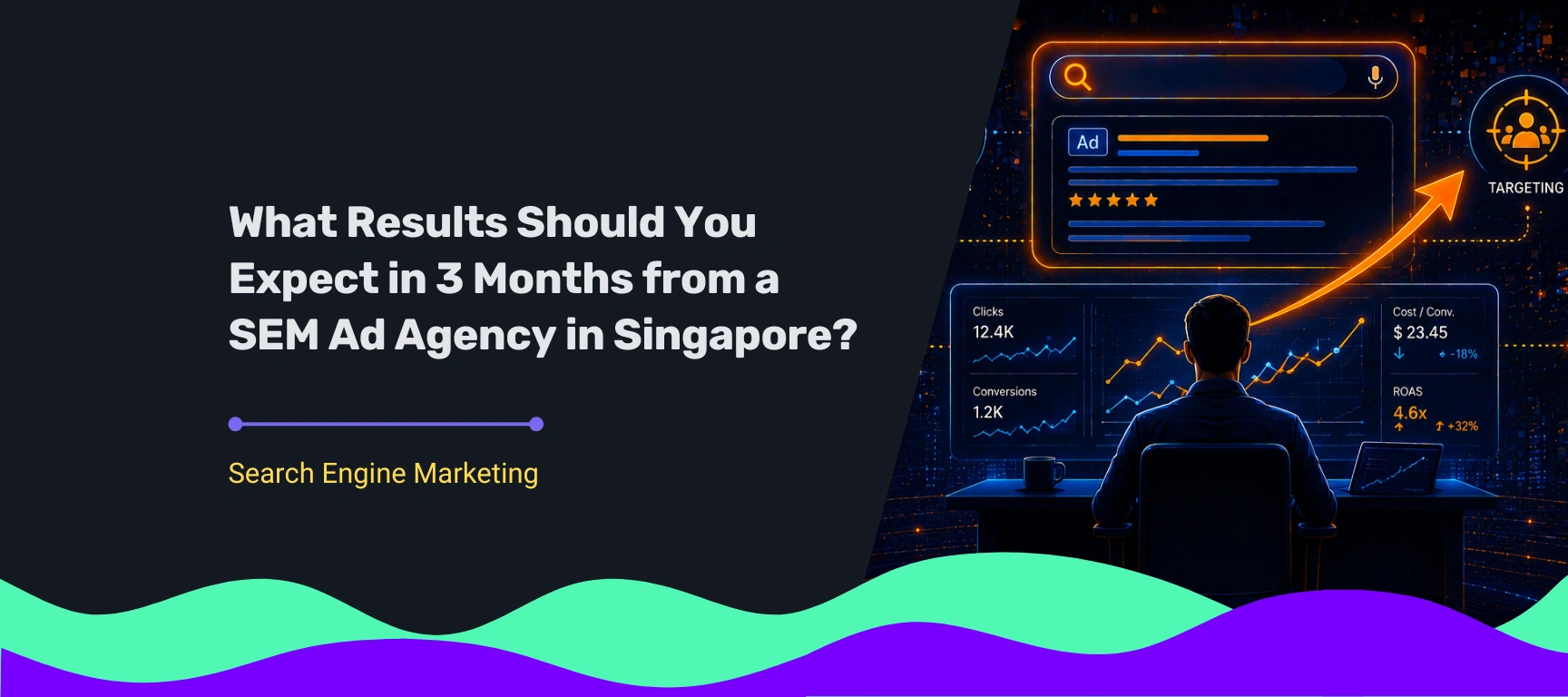 SEM agency dashboard showing search ad performance, clicks, conversions, and targeting results in Singapore.