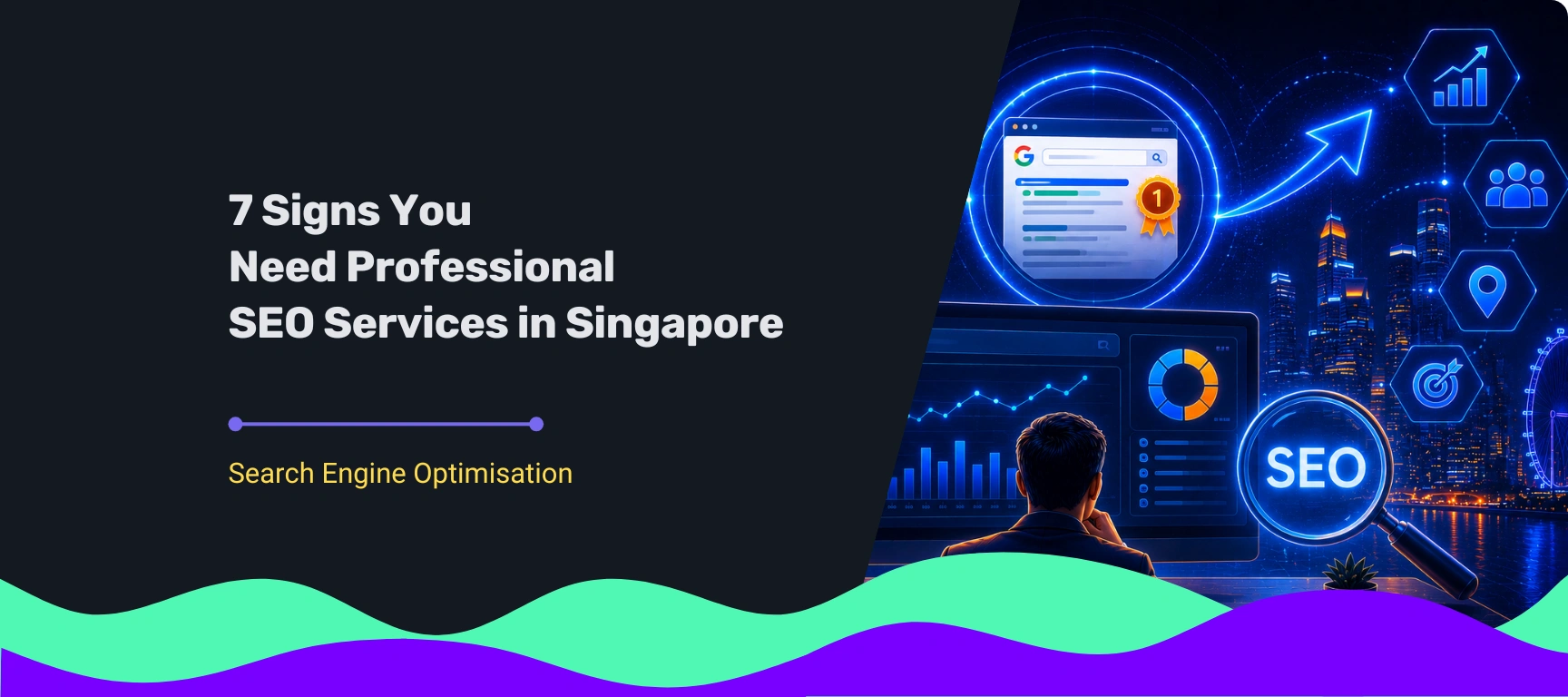 Illustration of SEO services in Singapore with search rankings, website performance analytics, and business growth metrics.